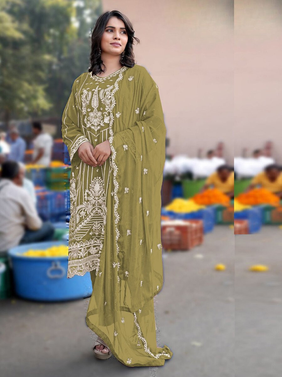 Green Heavy Chiffon Embroidery Wedding Party Festival Casual Pant Salwar Kameez