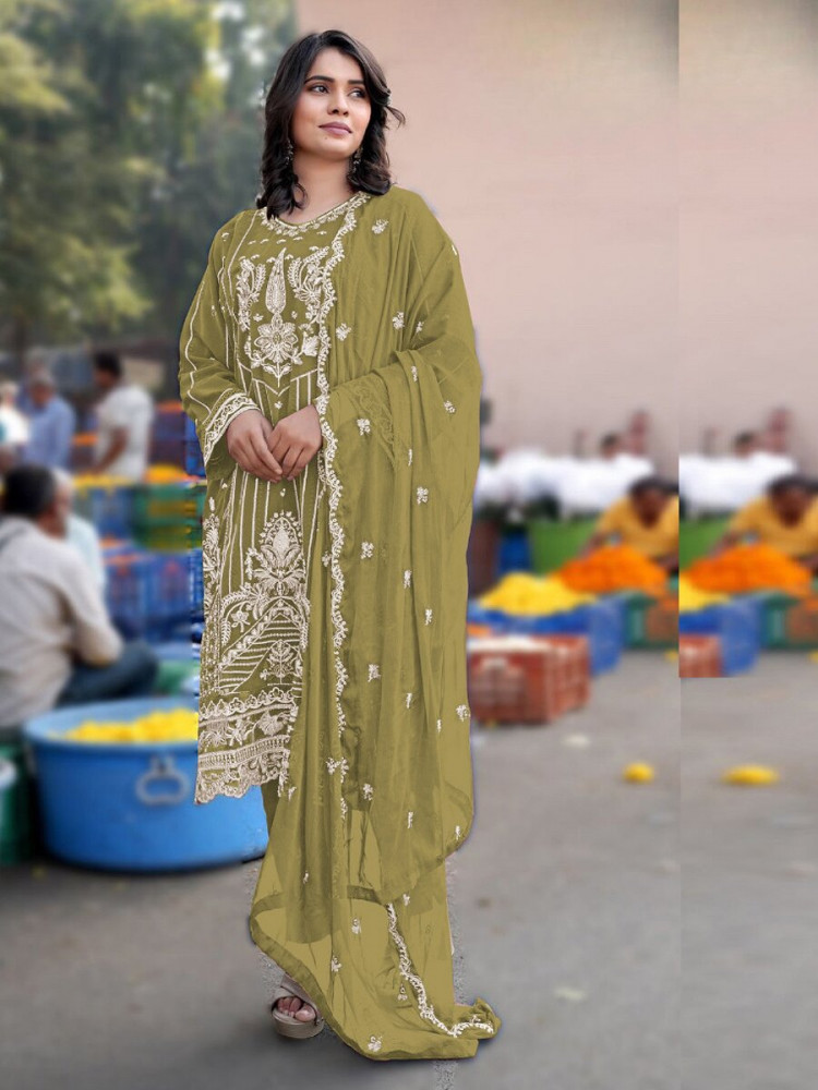 Image of Green Heavy Chiffon Embroidery Wedding Party Festival Casual Pant Salwar Kameez