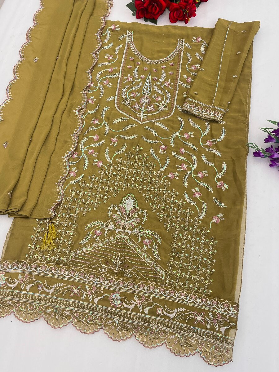 Green Heavy Chiffon Embroidery Wedding Party Festival Casual Pant Salwar Kameez