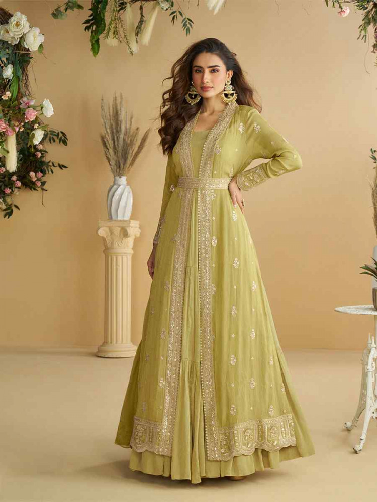 Image of Green Heavy Chinon Embroidered Festival Casual Gown Women Wear