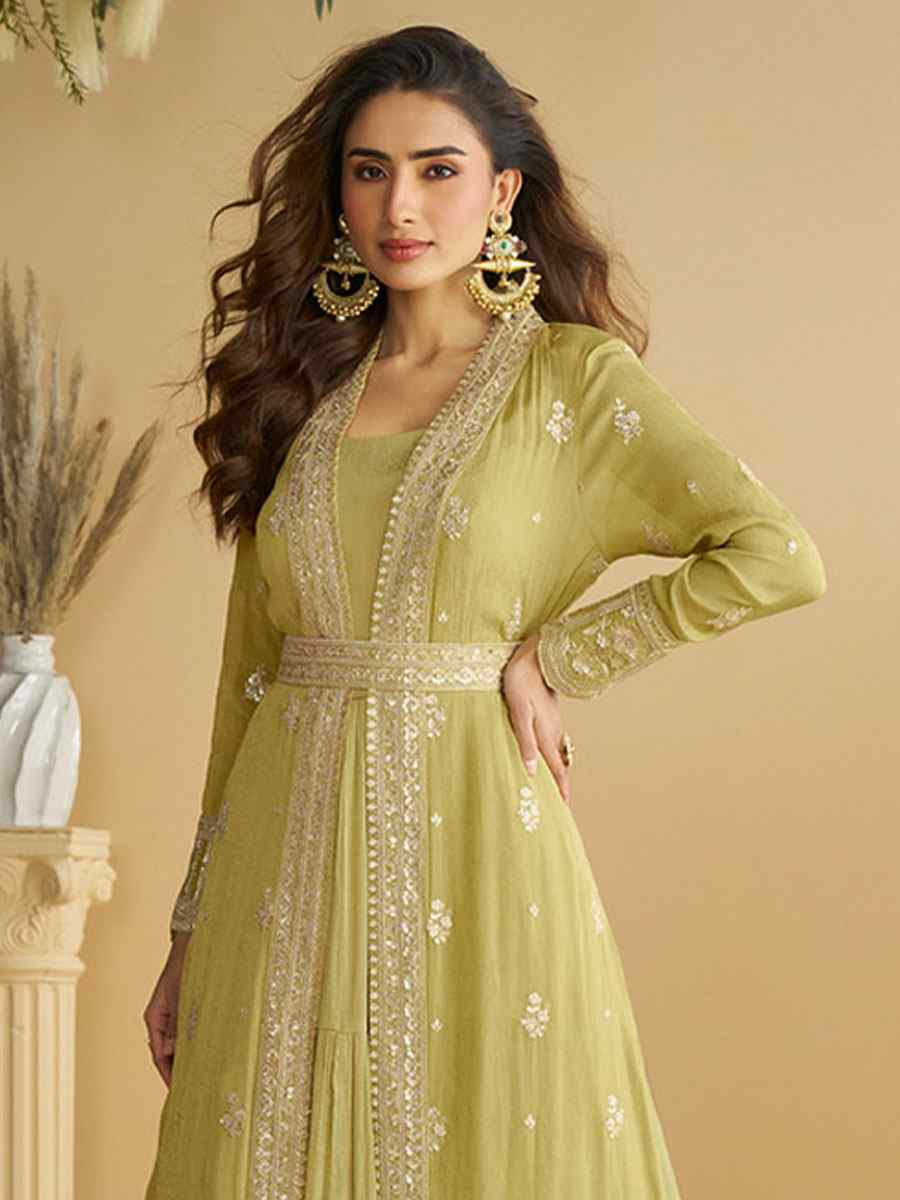 Green Heavy Chinon Embroidered Festival Casual Gown Women Wear
