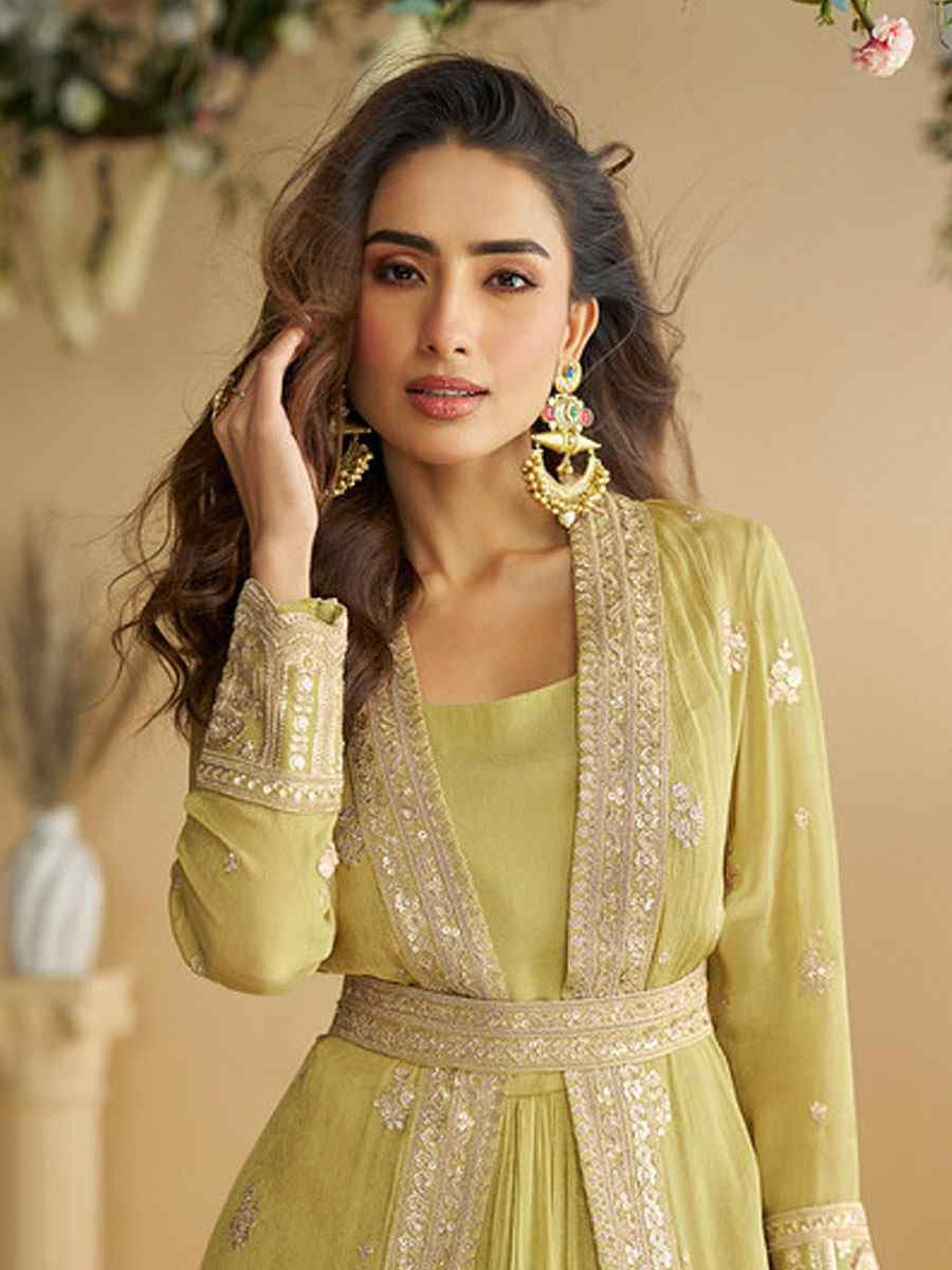 Green Heavy Chinon Embroidered Festival Casual Gown Women Wear