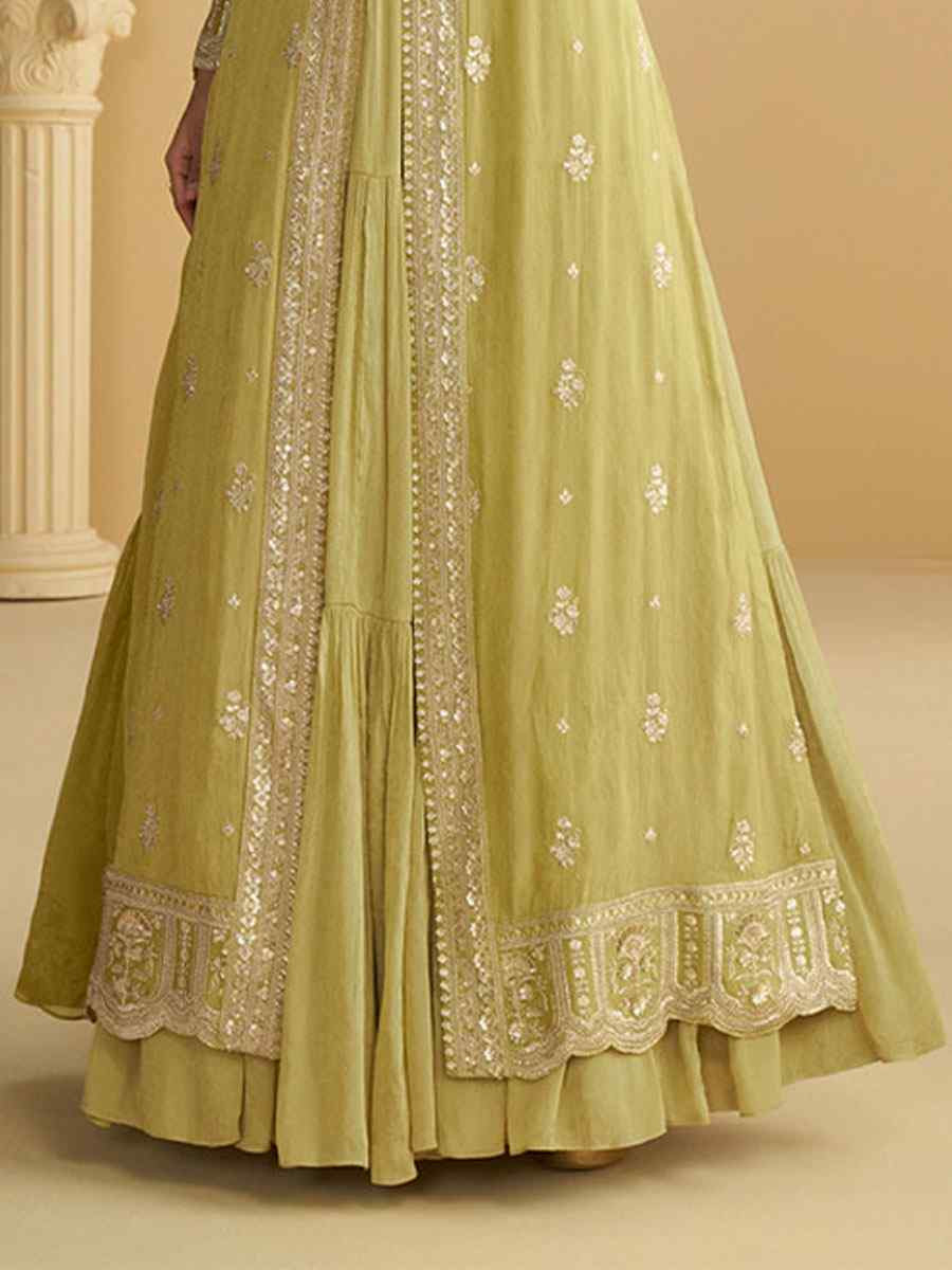 Green Heavy Chinon Embroidered Festival Casual Gown Women Wear