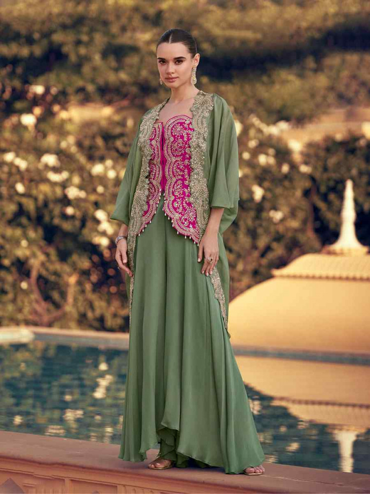 Image of Green Heavy Chinon Embroidered Festival Casual Kurti Bottom Women Wear