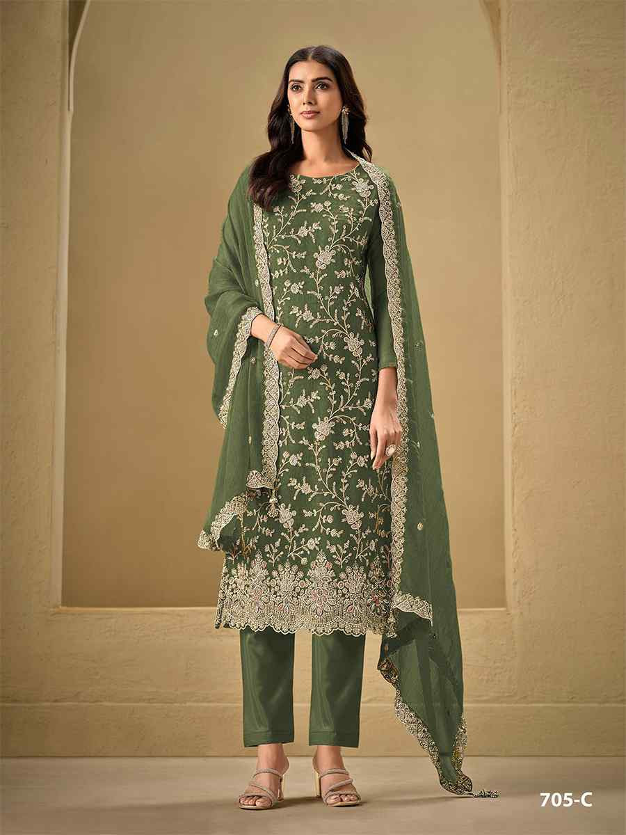 Green Heavy Chinon Embroidered Festival Casual Pant Salwar Kameez