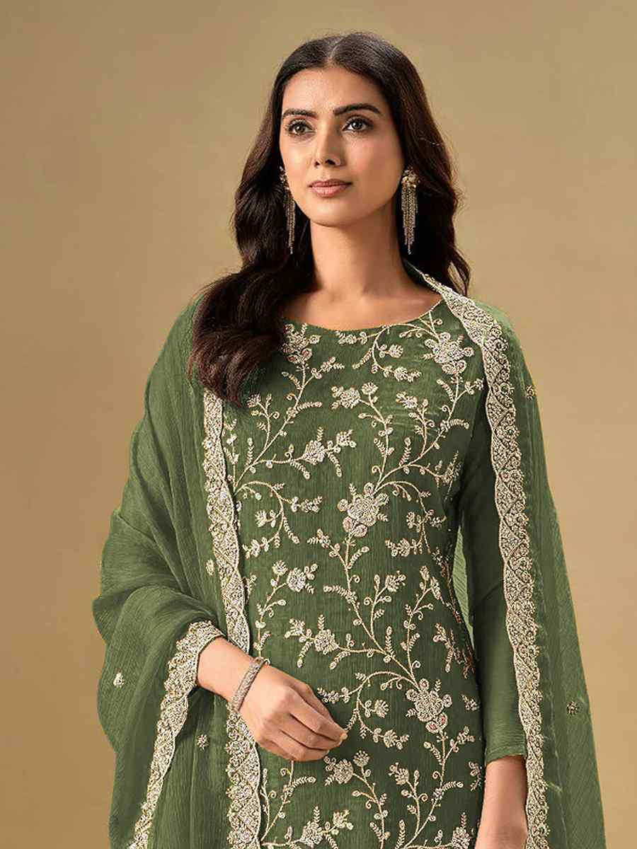 Green Heavy Chinon Embroidered Festival Casual Pant Salwar Kameez
