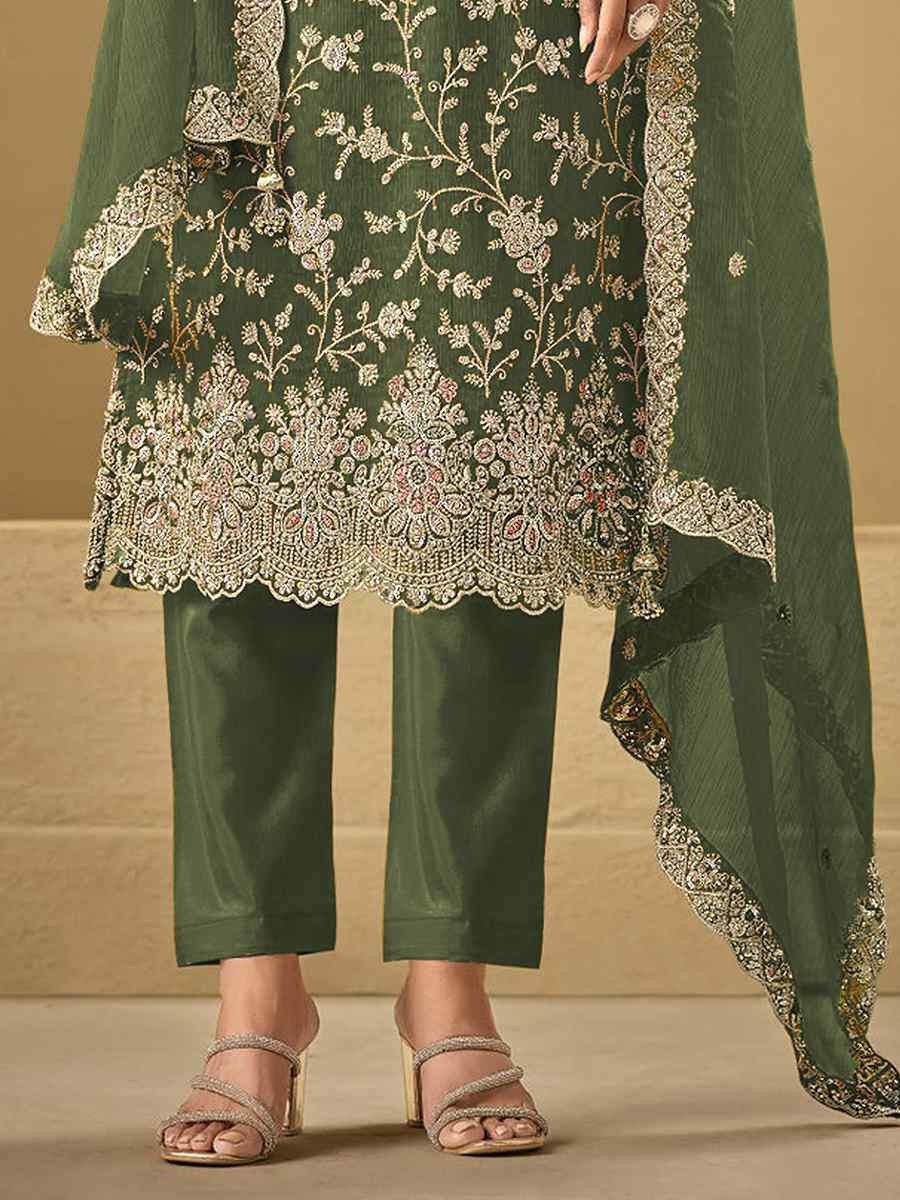 Green Heavy Chinon Embroidered Festival Casual Pant Salwar Kameez
