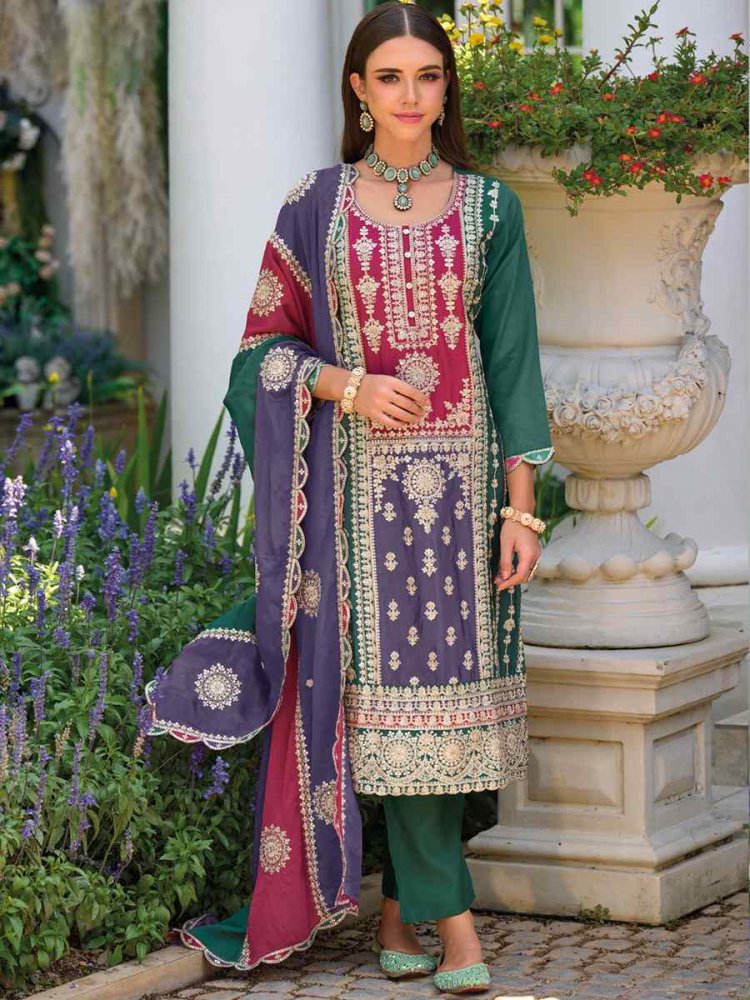 Green Heavy Chinon Embroidered Festival Casual Ready Pant Salwar Kameez