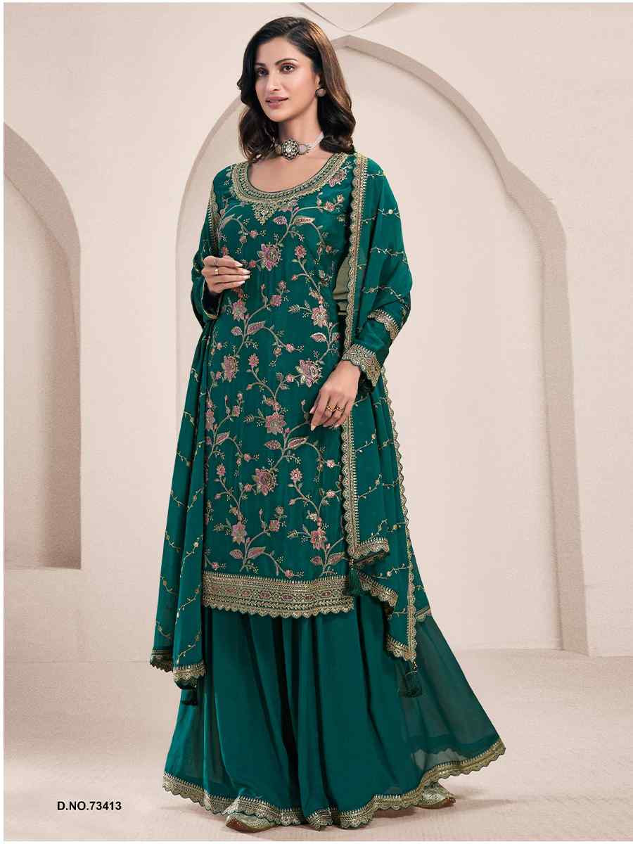 Green Heavy Chinon Embroidered Festival Casual Sharara Pant Salwar Kameez