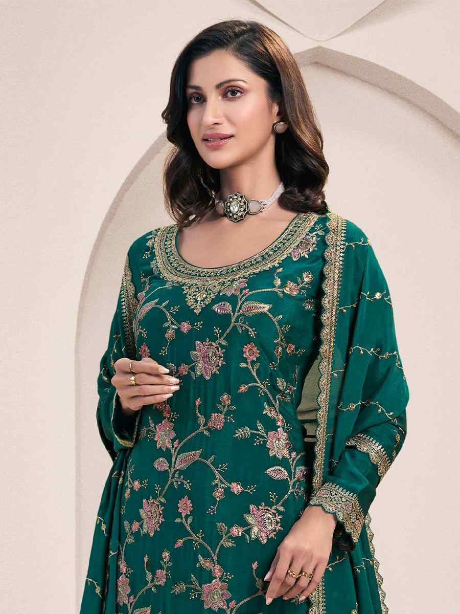 Green Heavy Chinon Embroidered Festival Casual Sharara Pant Salwar Kameez