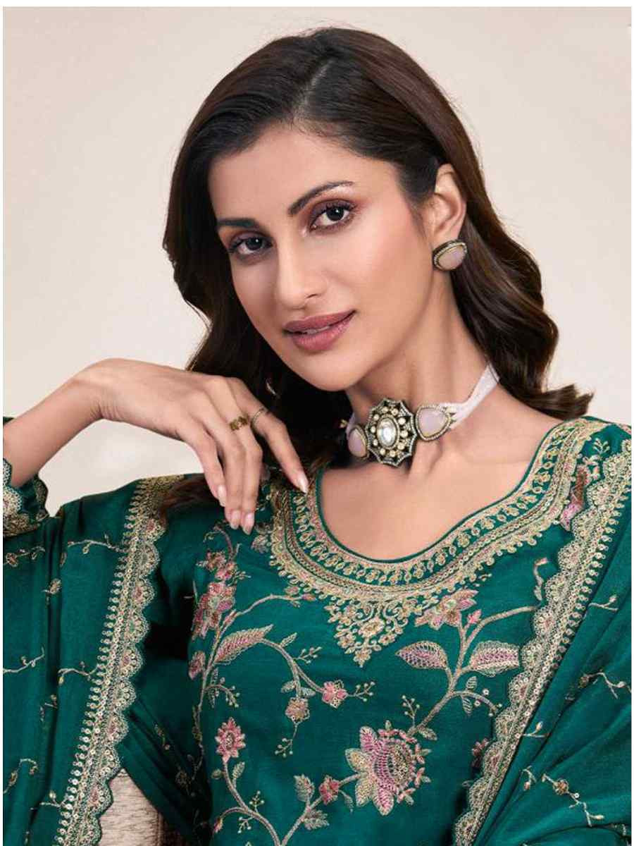 Green Heavy Chinon Embroidered Festival Casual Sharara Pant Salwar Kameez