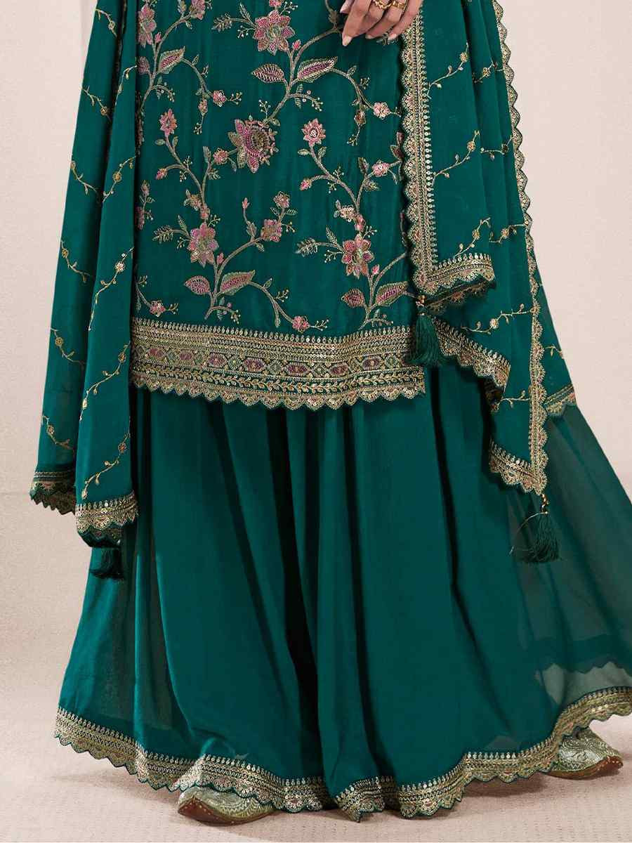 Green Heavy Chinon Embroidered Festival Casual Sharara Pant Salwar Kameez