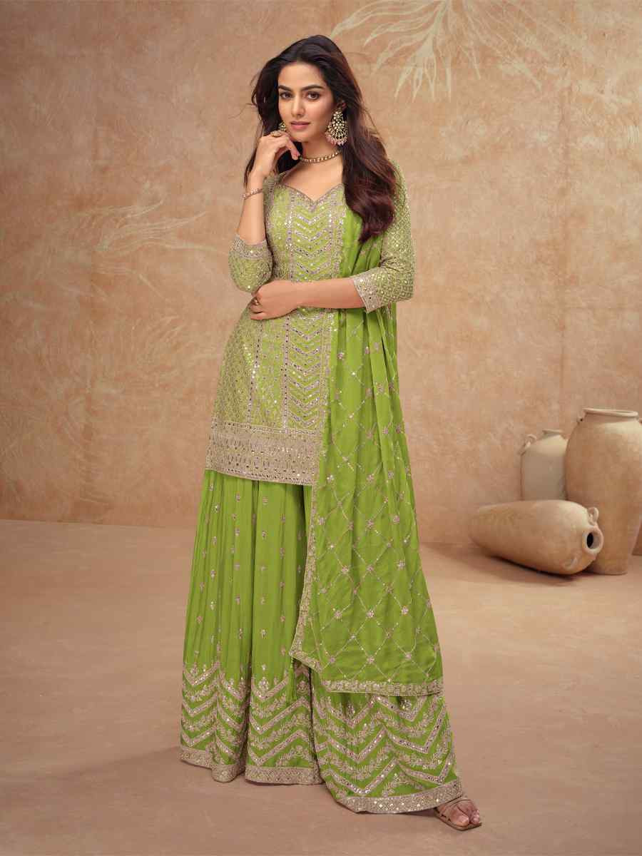 Green Heavy Chinon Embroidered Festival Casual Sharara Salwar Kameez