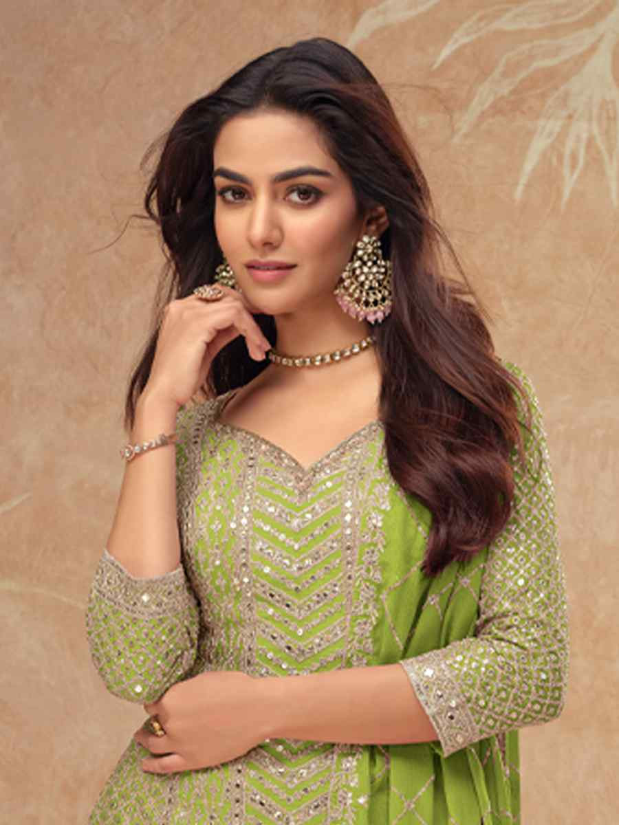Green Heavy Chinon Embroidered Festival Casual Sharara Salwar Kameez