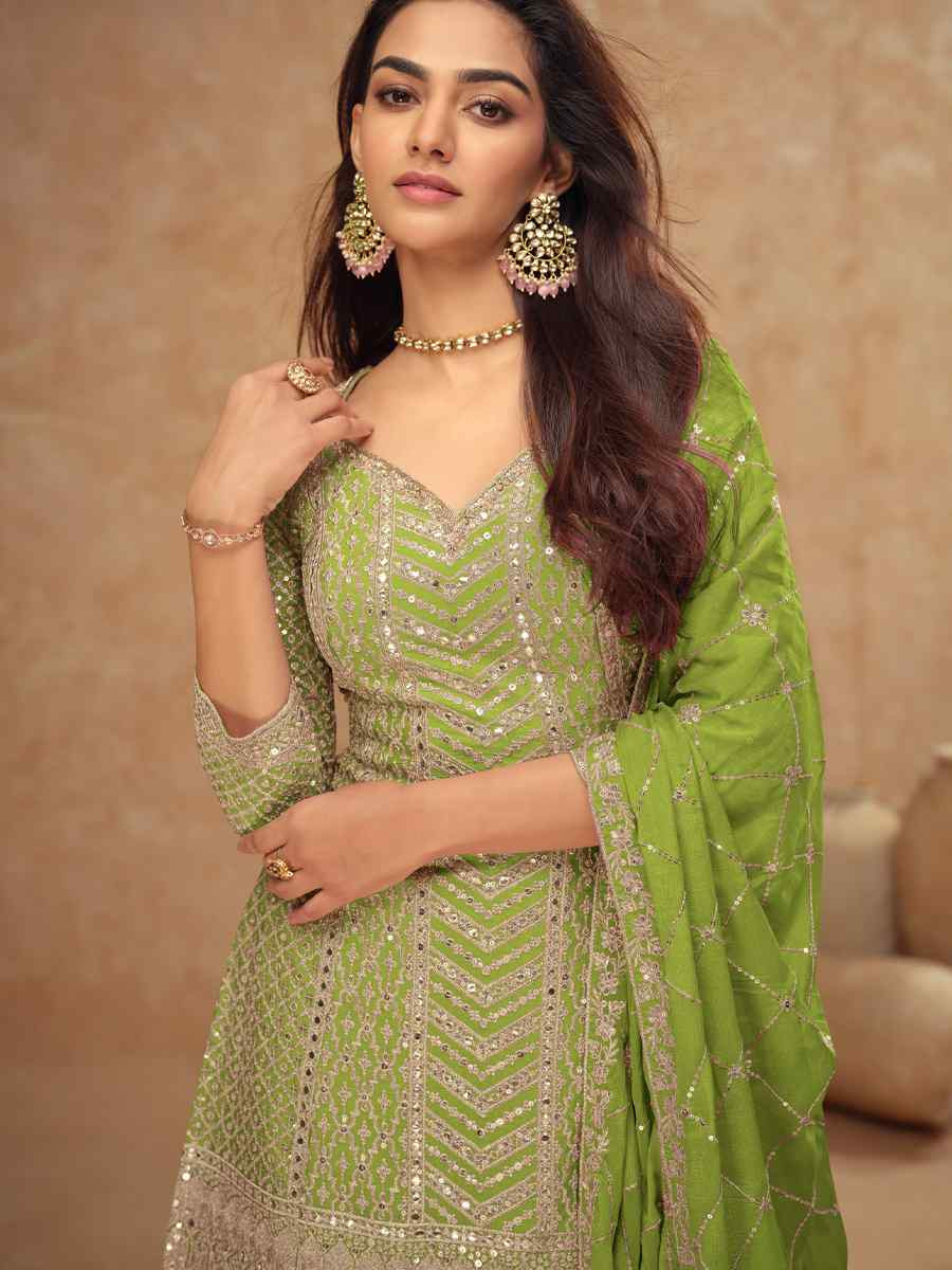 Green Heavy Chinon Embroidered Festival Casual Sharara Salwar Kameez
