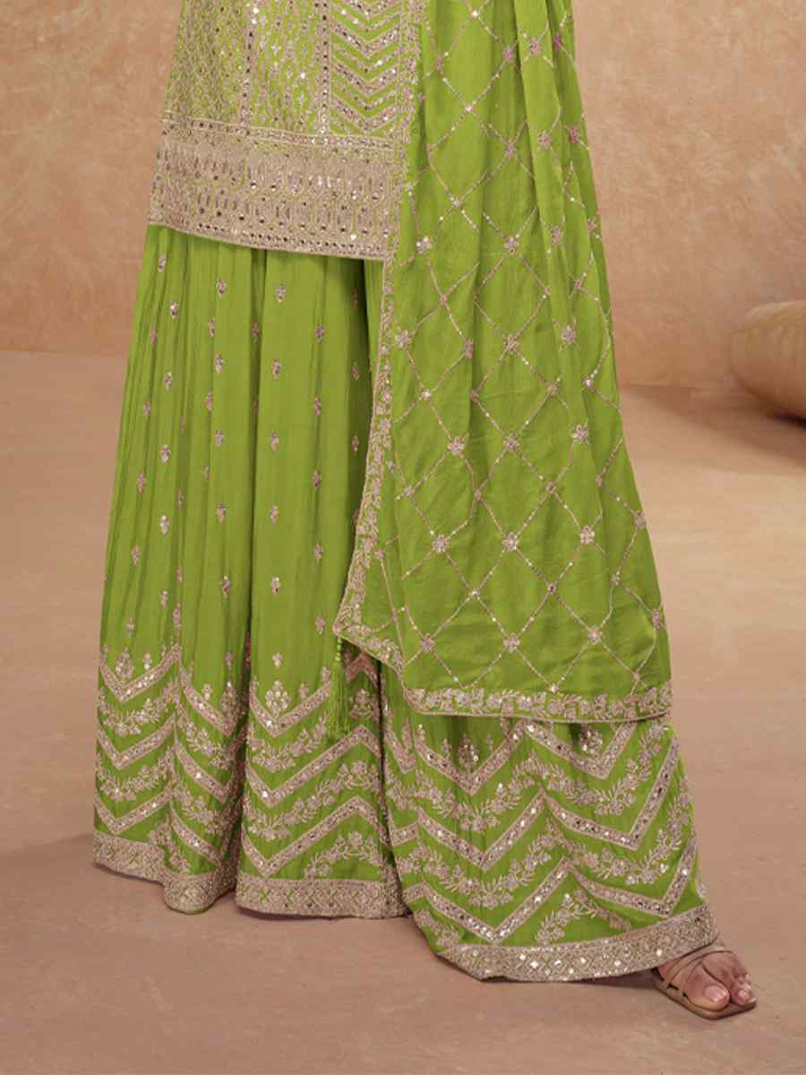 Green Heavy Chinon Embroidered Festival Casual Sharara Salwar Kameez