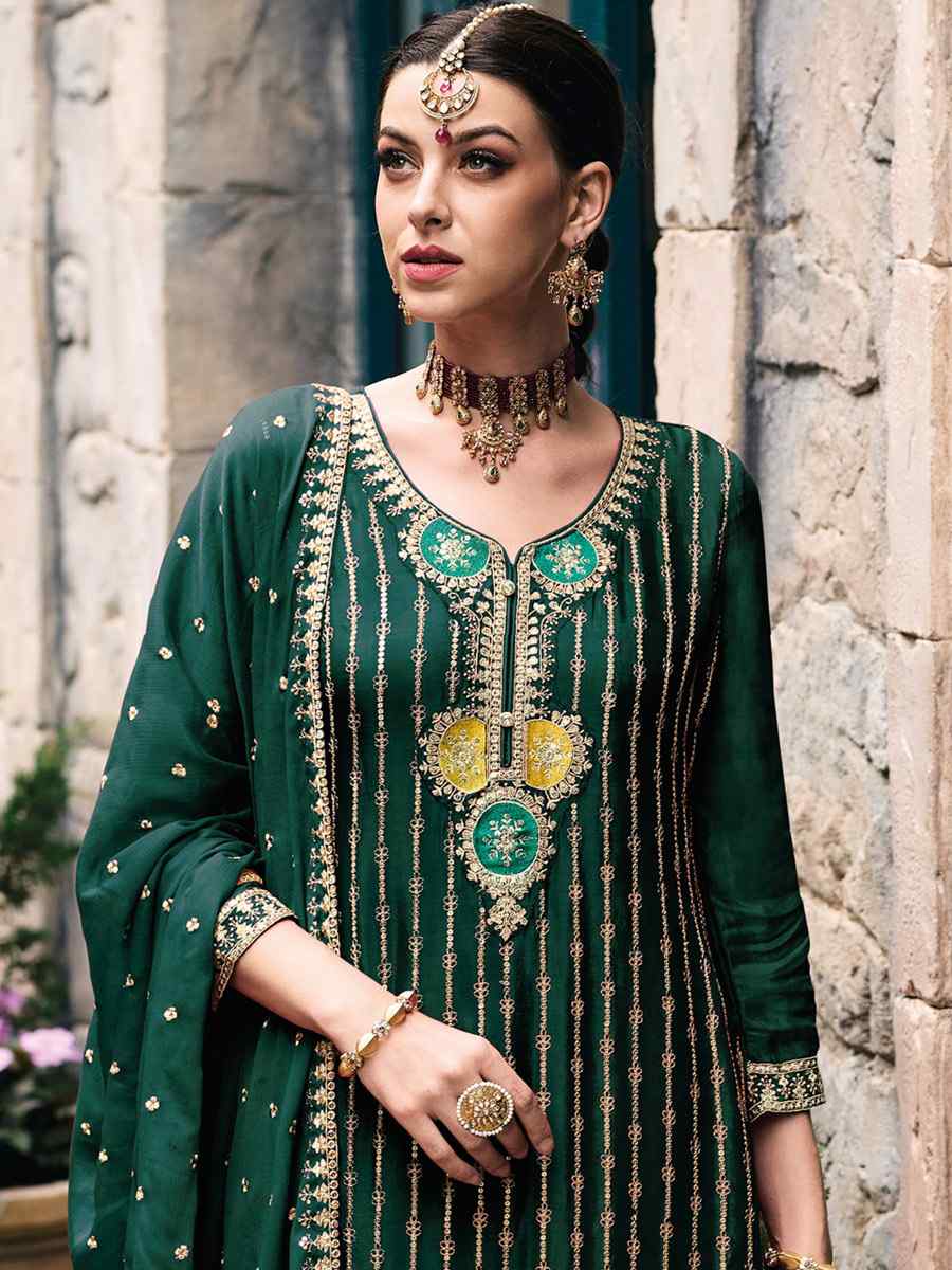 Green Heavy Chinon Embroidered Festival Wedding Palazzo Pant Salwar Kameez