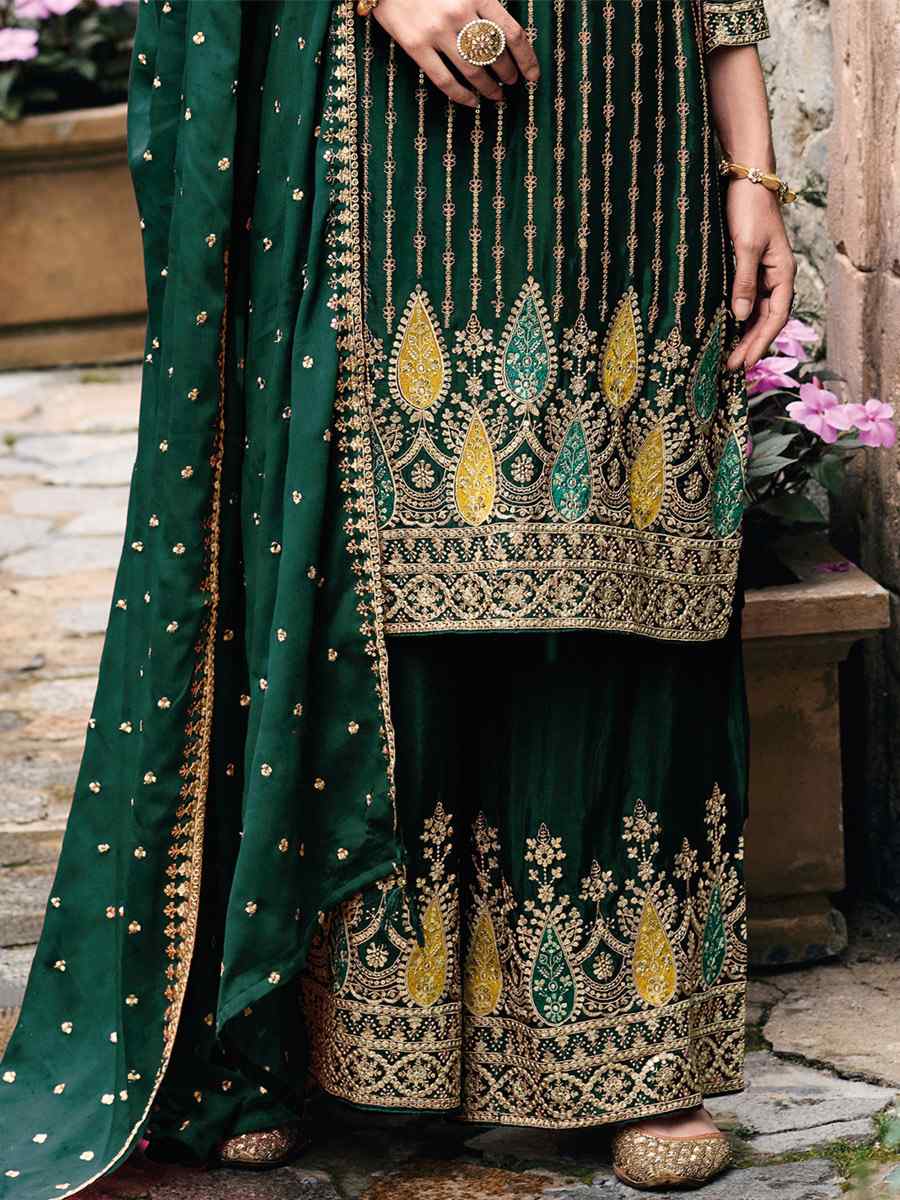 Green Heavy Chinon Embroidered Festival Wedding Palazzo Pant Salwar Kameez