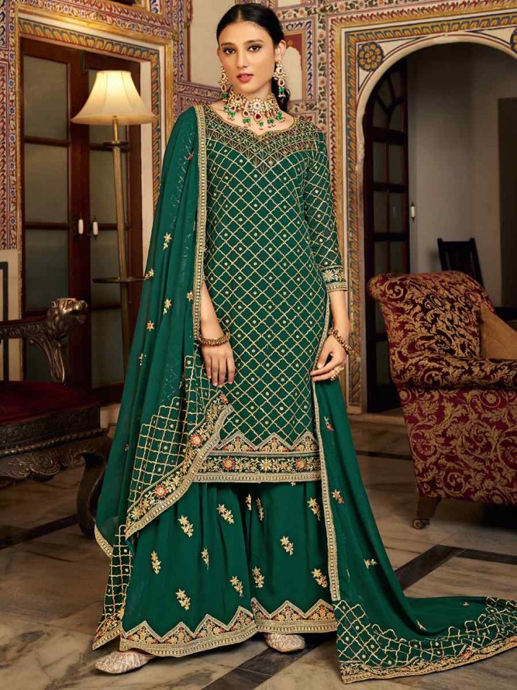 Green Heavy Chinon Embroidered Festival Wedding Palazzo Pant Salwar Kameez