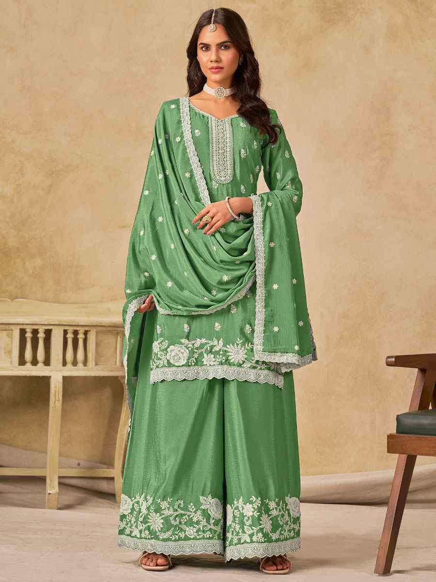 Green Heavy Chinon Embroidered Festival Wedding Palazzo Pant Salwar Kameez