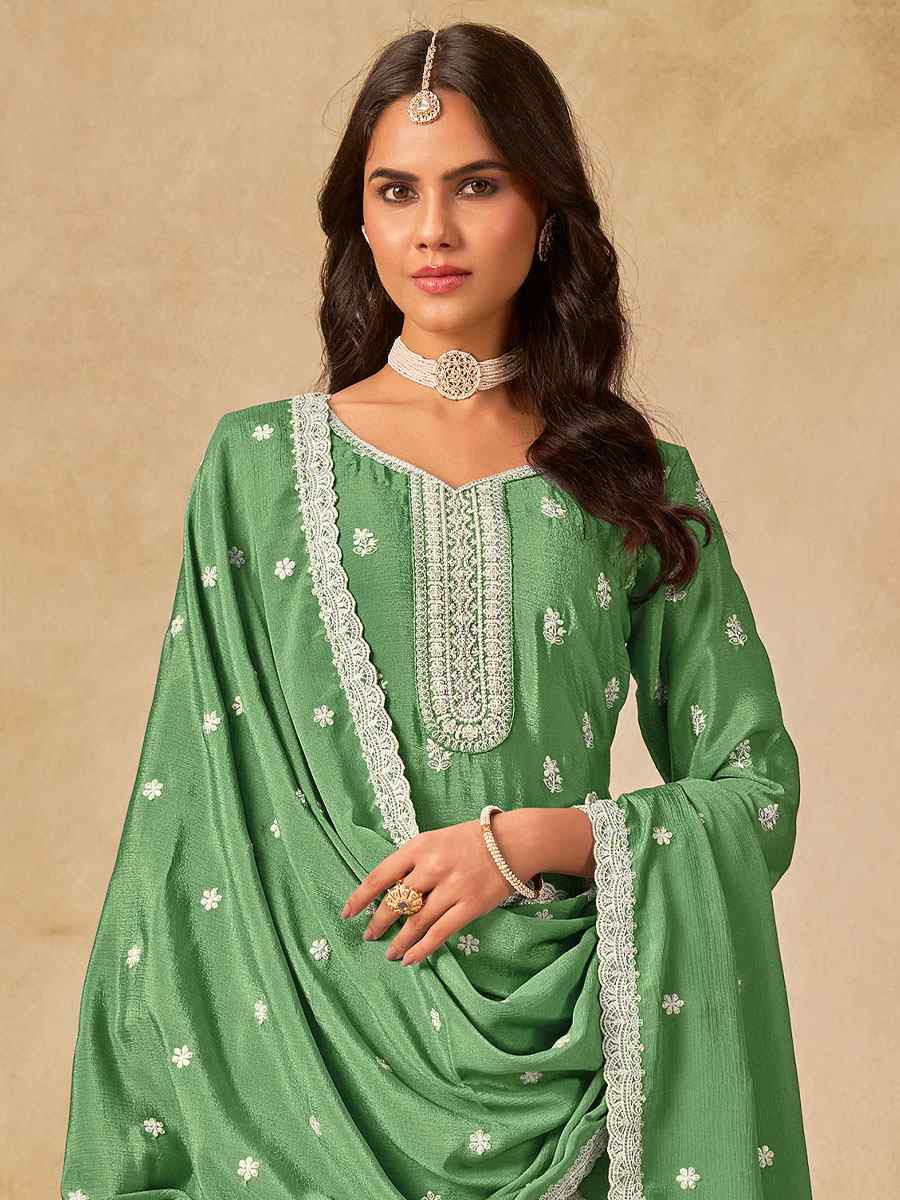 Green Heavy Chinon Embroidered Festival Wedding Palazzo Pant Salwar Kameez