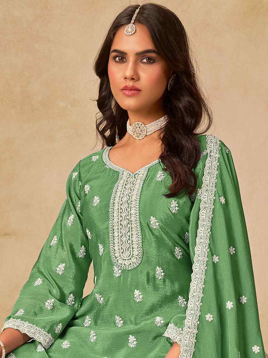 Green Heavy Chinon Embroidered Festival Wedding Palazzo Pant Salwar Kameez