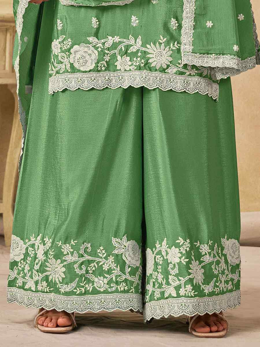 Green Heavy Chinon Embroidered Festival Wedding Palazzo Pant Salwar Kameez