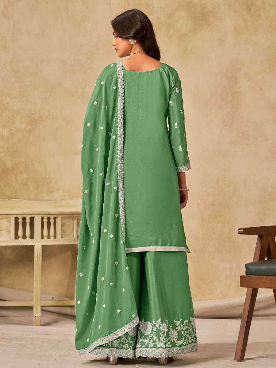 Green Heavy Chinon Embroidered Festival Wedding Palazzo Pant Salwar Kameez