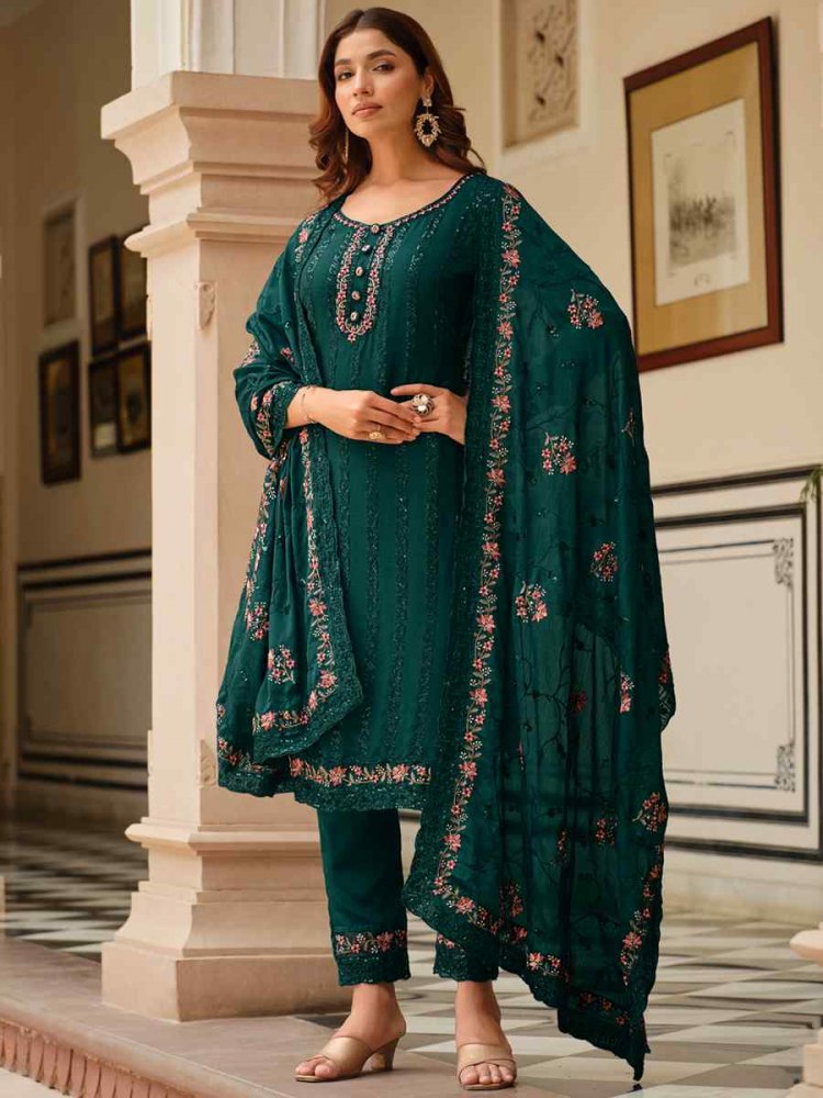 Green Heavy Chinon Embroidered Festival Wedding Pant Salwar Kameez