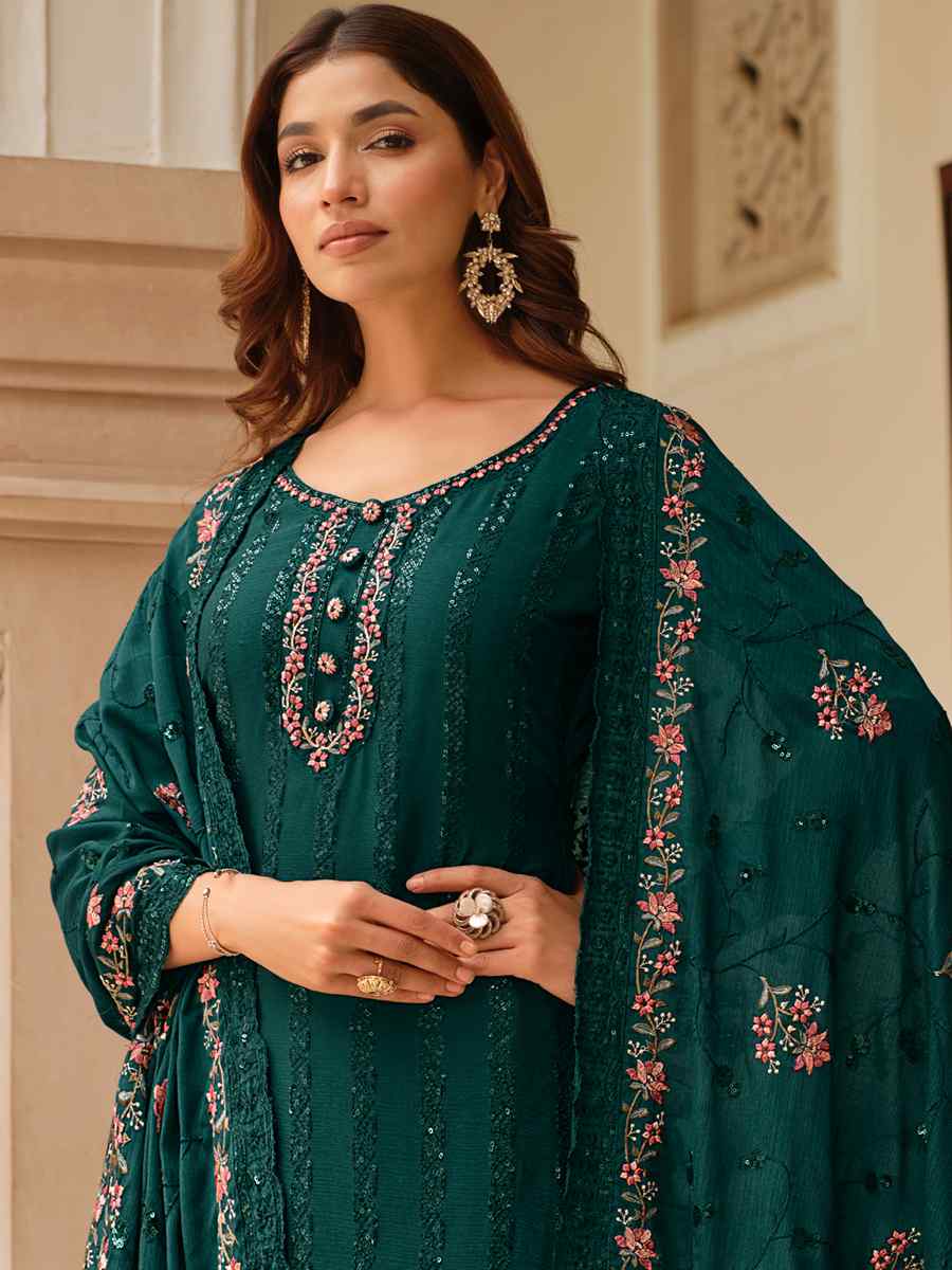 Green Heavy Chinon Embroidered Festival Wedding Pant Salwar Kameez