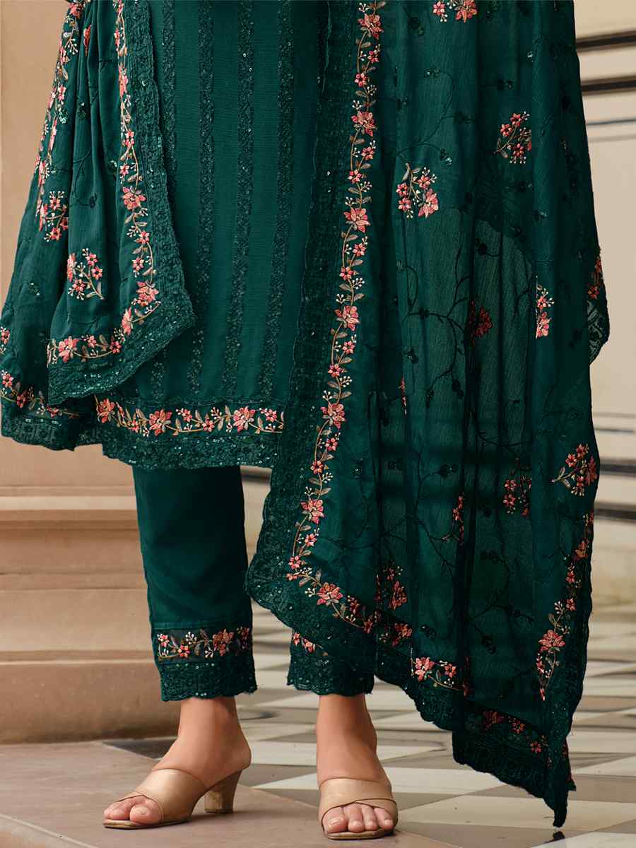 Green Heavy Chinon Embroidered Festival Wedding Pant Salwar Kameez