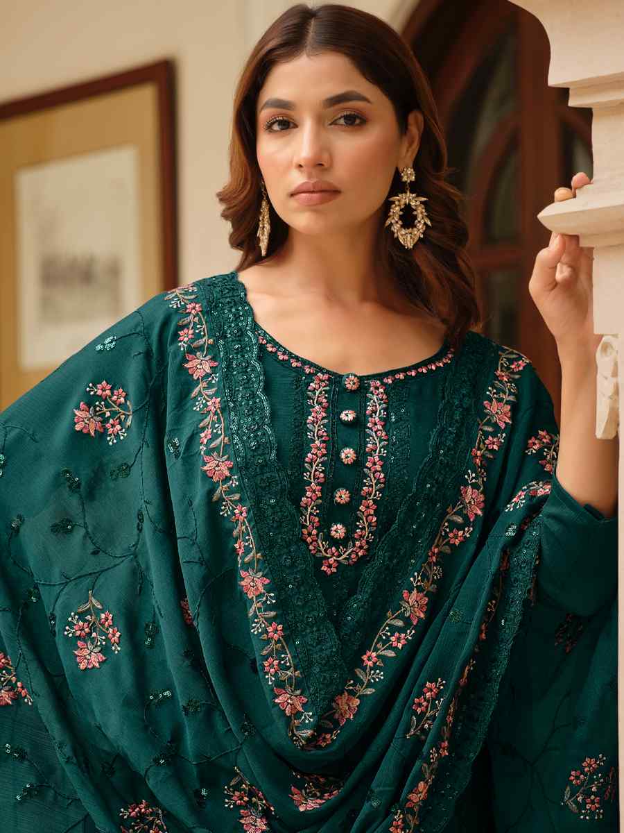 Green Heavy Chinon Embroidered Festival Wedding Pant Salwar Kameez