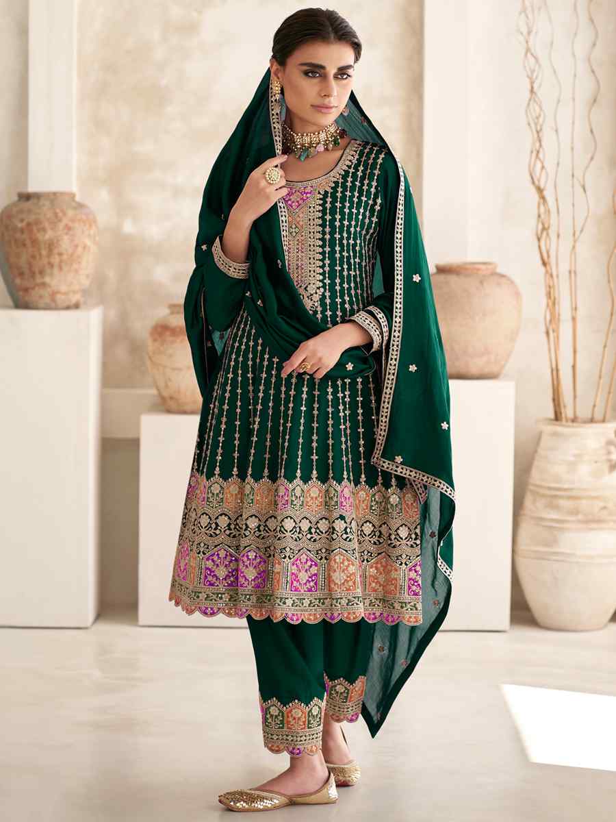 Green Heavy Chinon Embroidered Festival Wedding Patiala Salwar Kameez