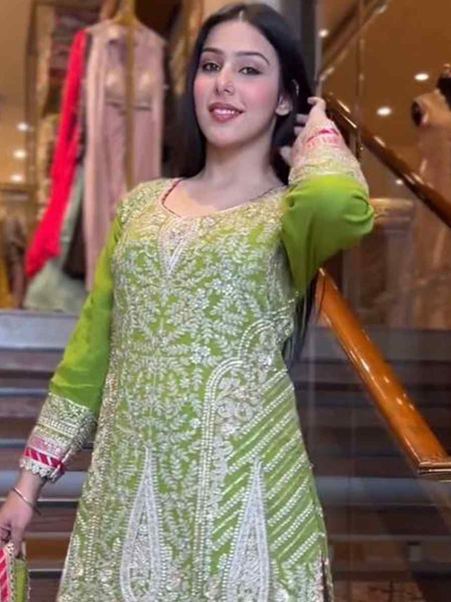 Green Heavy Chinon Embroidered Festival Wedding Ready Sharara Pant Salwar Kameez