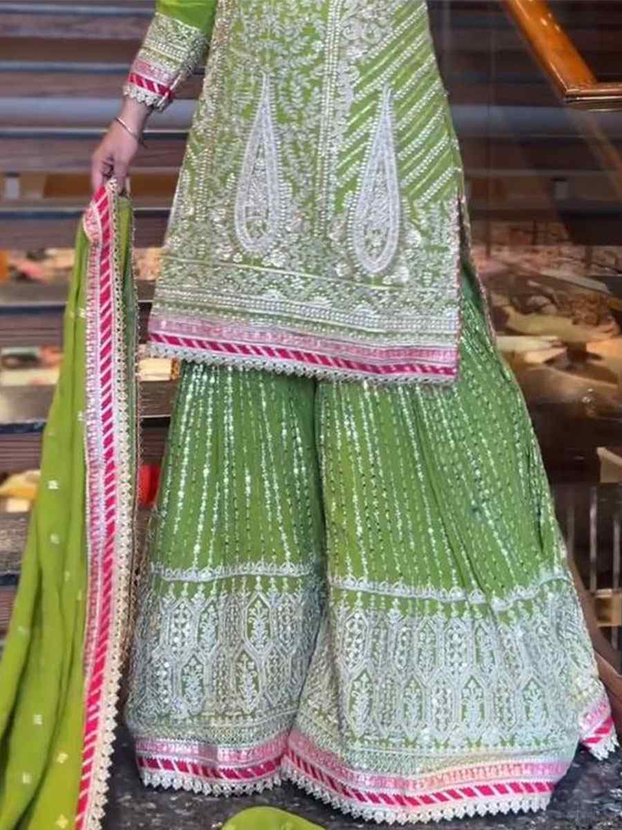 Green Heavy Chinon Embroidered Festival Wedding Ready Sharara Pant Salwar Kameez
