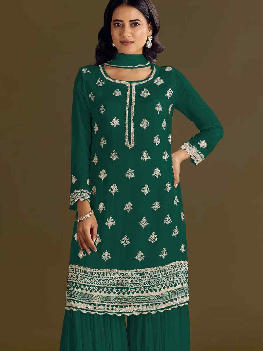 Green Heavy Chinon Embroidered Festival Wedding Sharara Pant Salwar Kameez