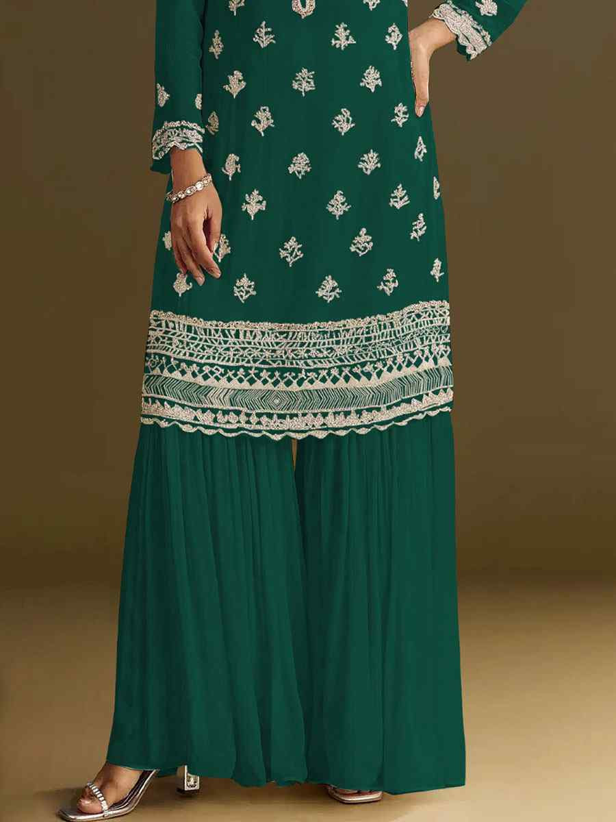 Green Heavy Chinon Embroidered Festival Wedding Sharara Pant Salwar Kameez