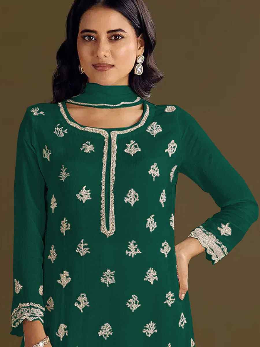 Green Heavy Chinon Embroidered Festival Wedding Sharara Pant Salwar Kameez