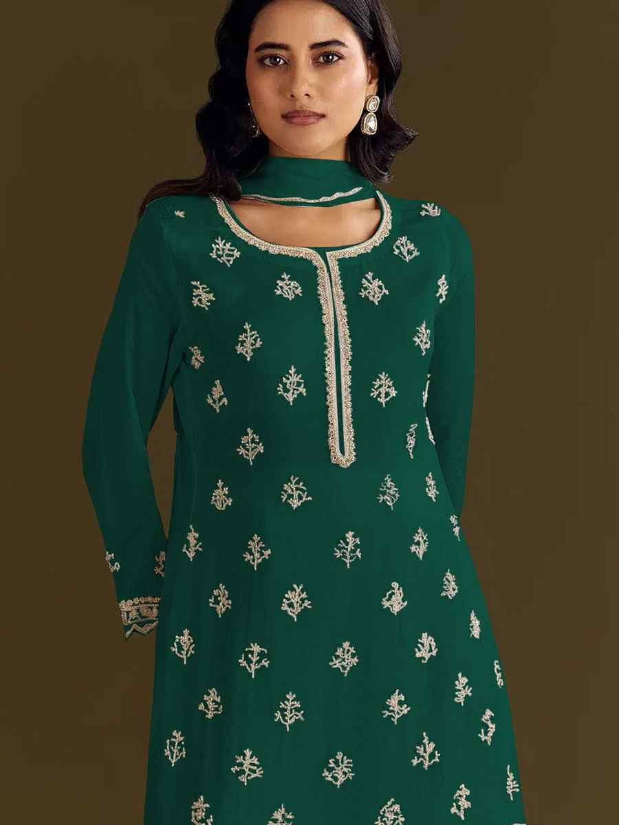 Green Heavy Chinon Embroidered Festival Wedding Sharara Pant Salwar Kameez