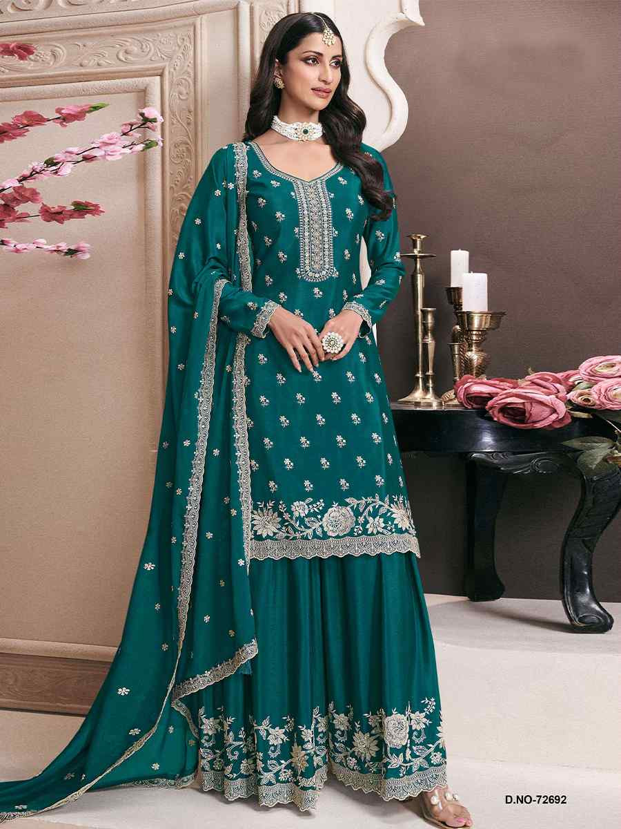 Green Heavy Chinon Embroidered Festival Wedding Sharara Pant Salwar Kameez
