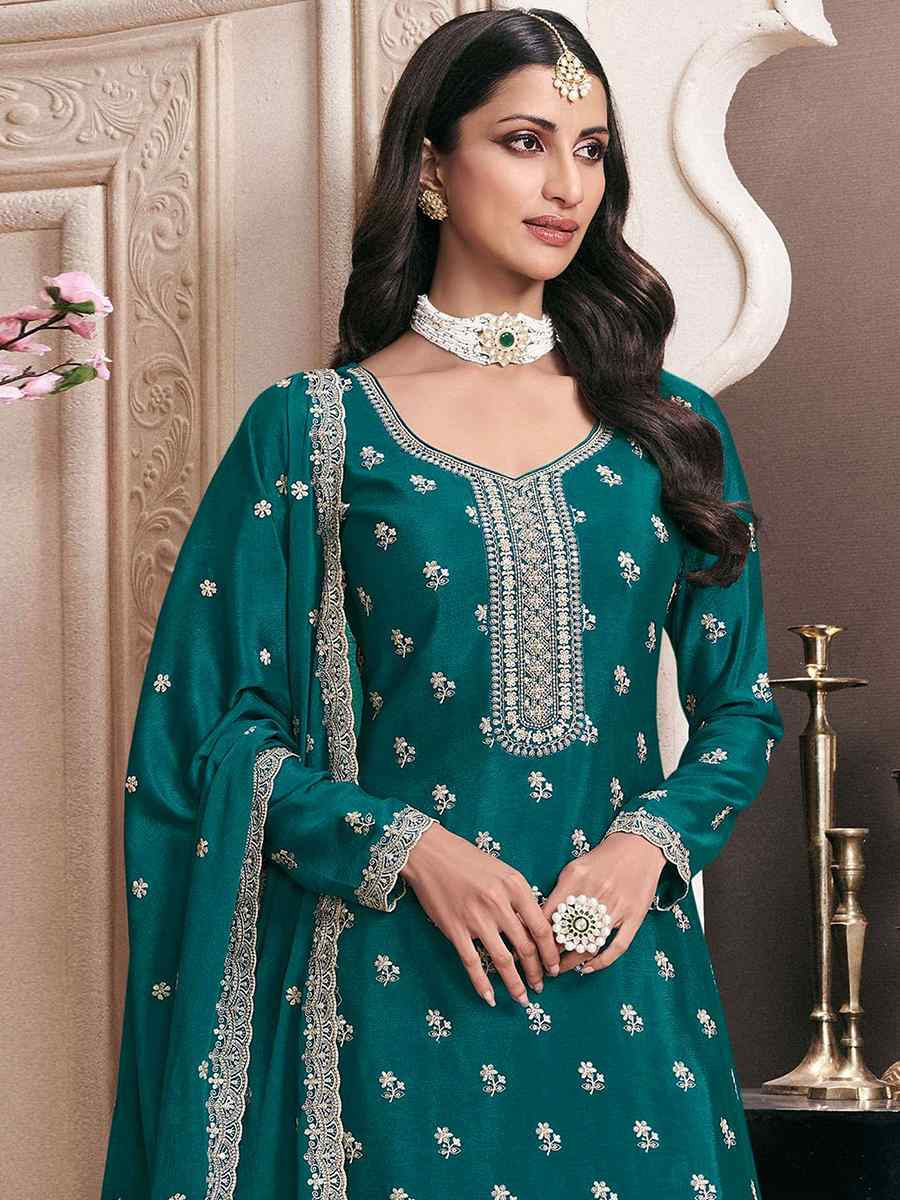 Green Heavy Chinon Embroidered Festival Wedding Sharara Pant Salwar Kameez