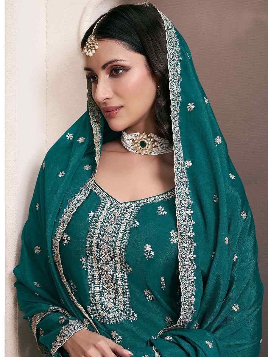 Green Heavy Chinon Embroidered Festival Wedding Sharara Pant Salwar Kameez