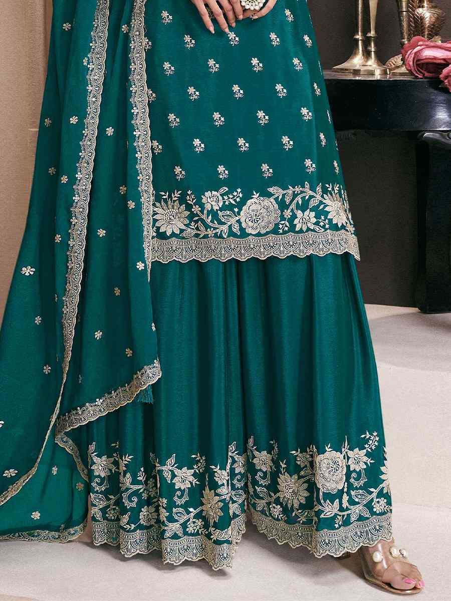 Green Heavy Chinon Embroidered Festival Wedding Sharara Pant Salwar Kameez