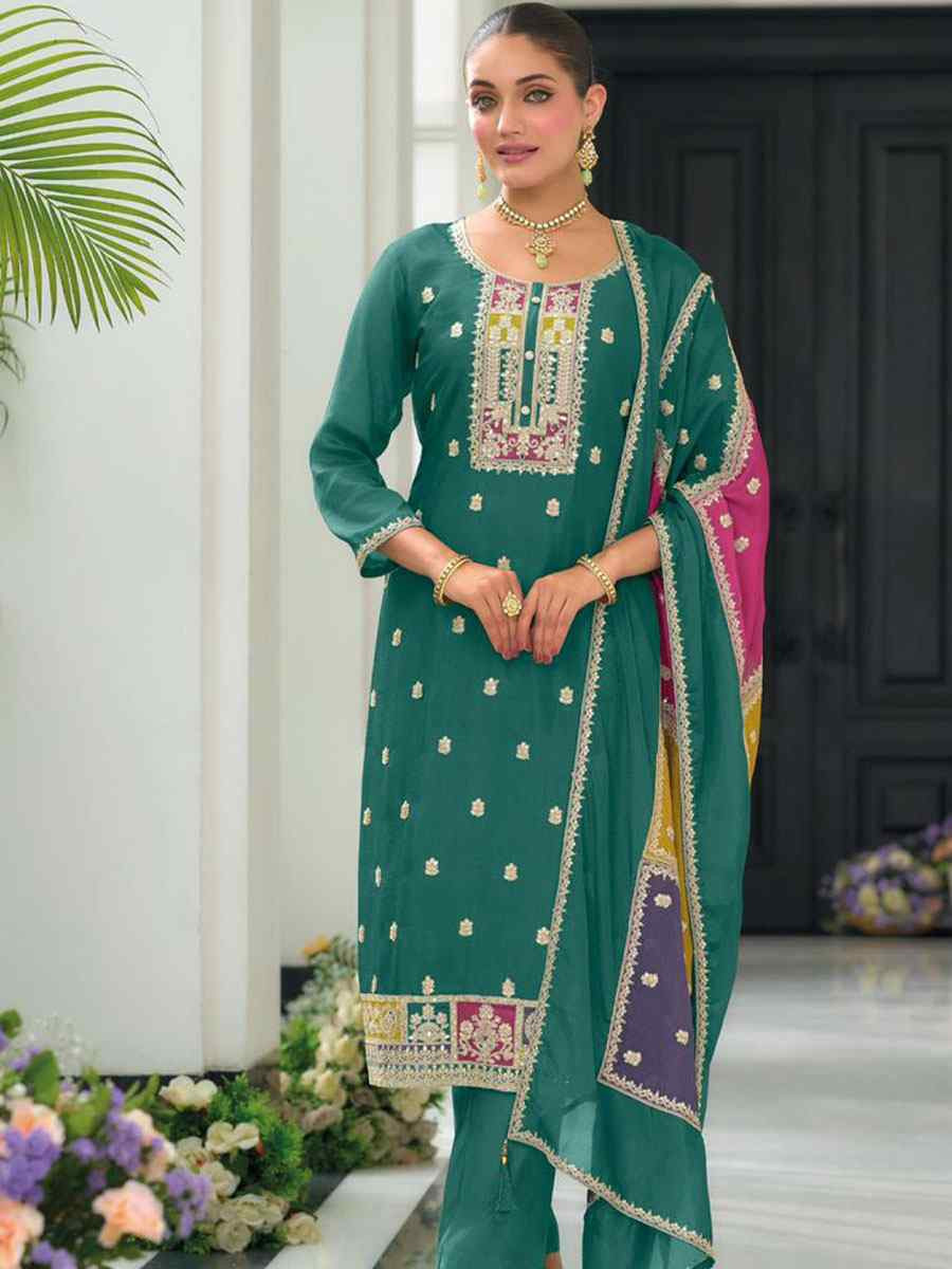 Green Heavy Chinon Embroidery Party Wedding Festival Casual Ready Pant Salwar Kameez