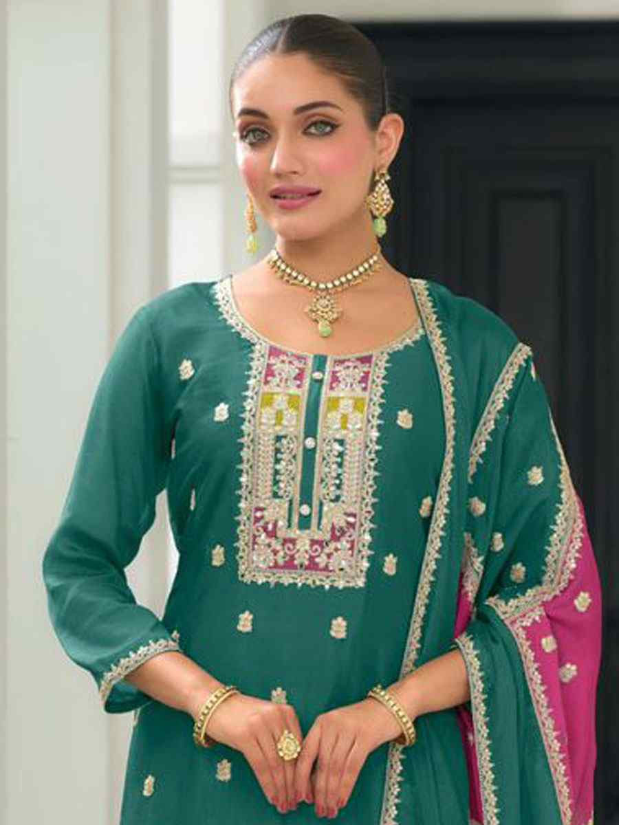 Green Heavy Chinon Embroidery Party Wedding Festival Casual Ready Pant Salwar Kameez
