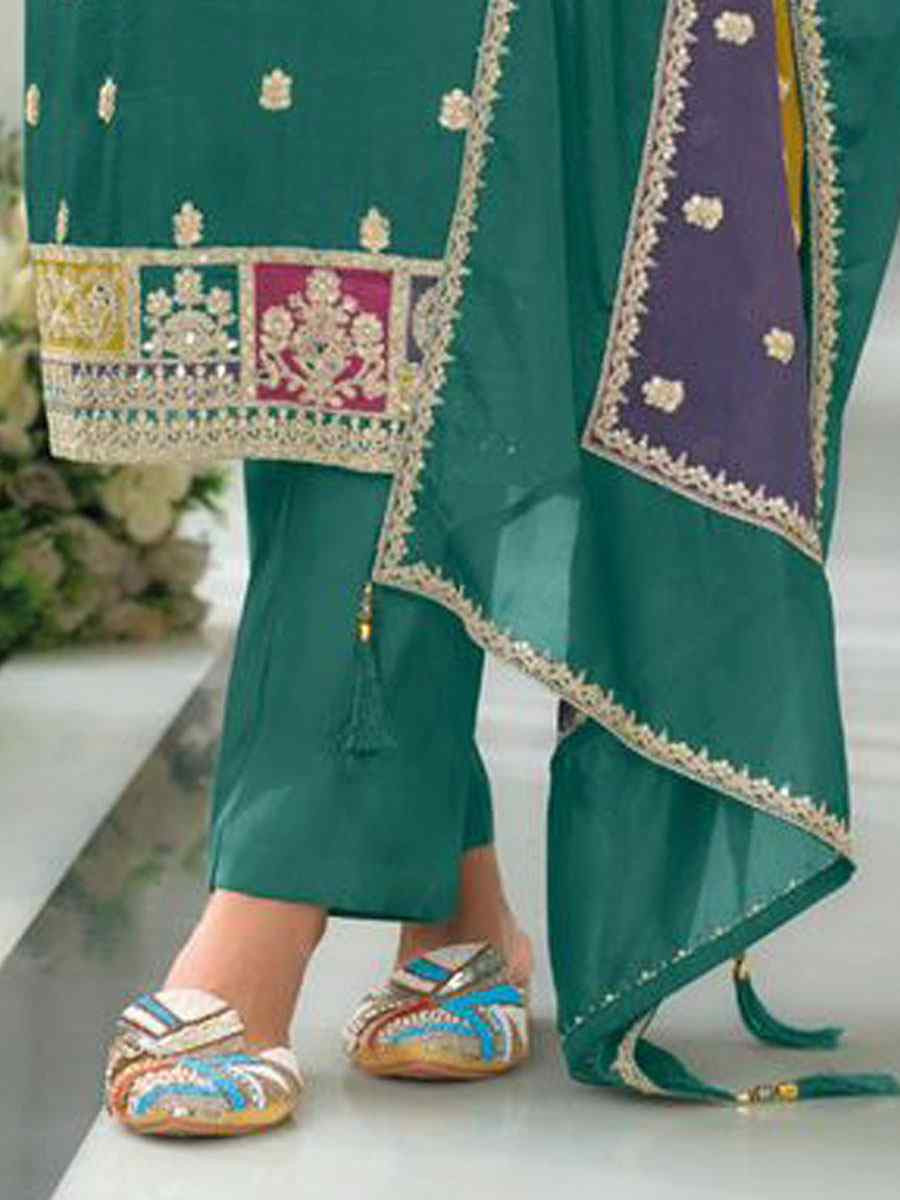Green Heavy Chinon Embroidery Party Wedding Festival Casual Ready Pant Salwar Kameez