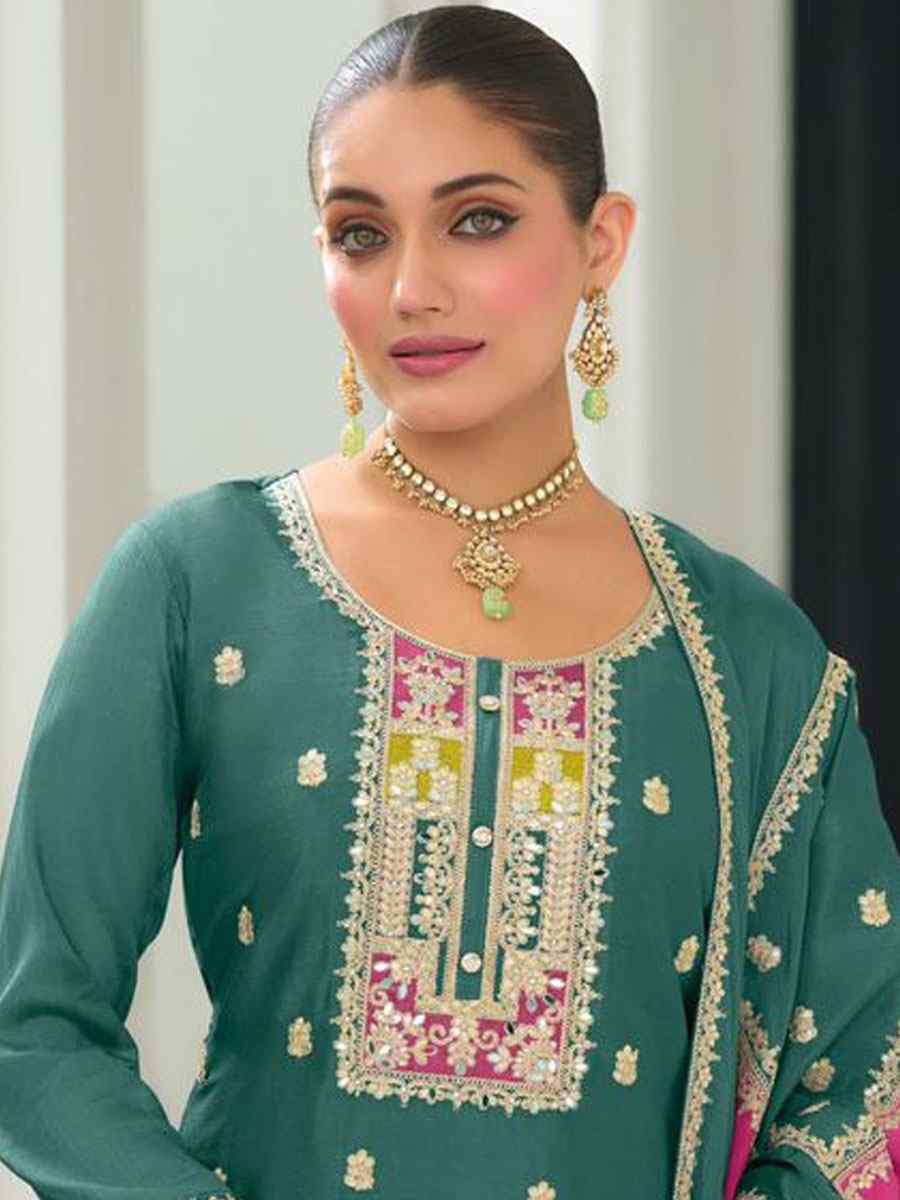 Green Heavy Chinon Embroidery Party Wedding Festival Casual Ready Pant Salwar Kameez