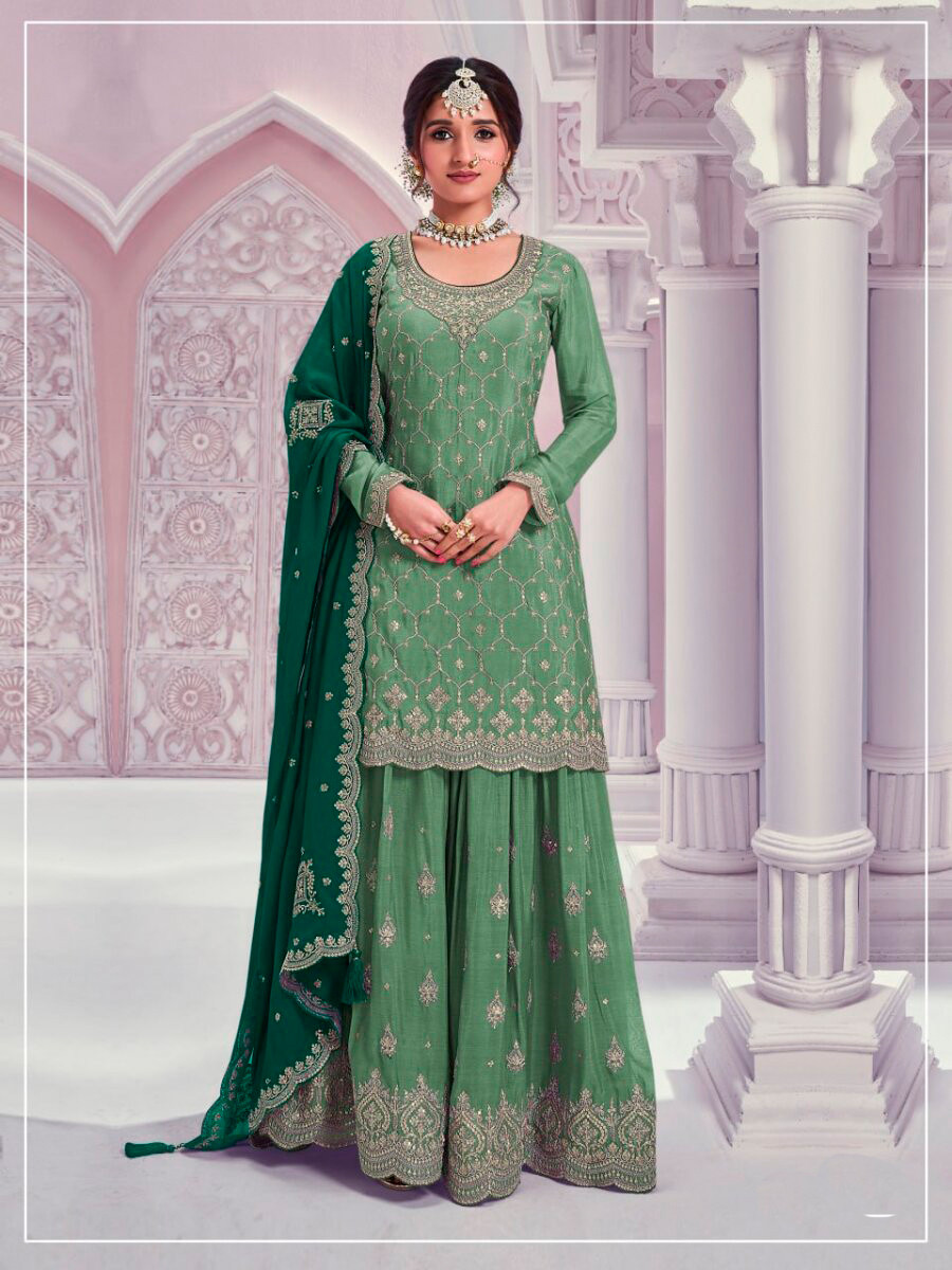 Green Heavy Chinon Embroidery Wedding Party Festival Casual Sharara Pant Salwar Kameez
