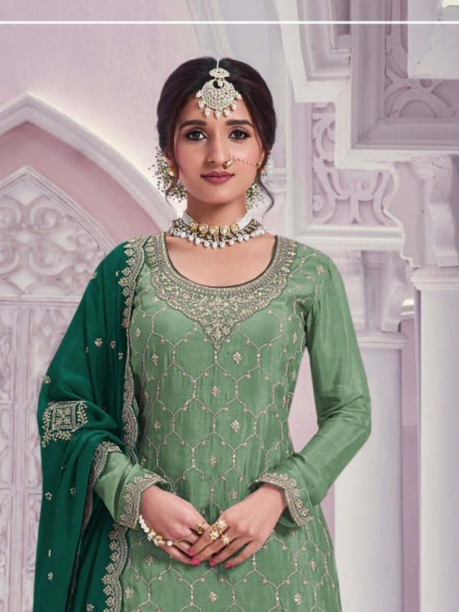 Green Heavy Chinon Embroidery Wedding Party Festival Casual Sharara Pant Salwar Kameez