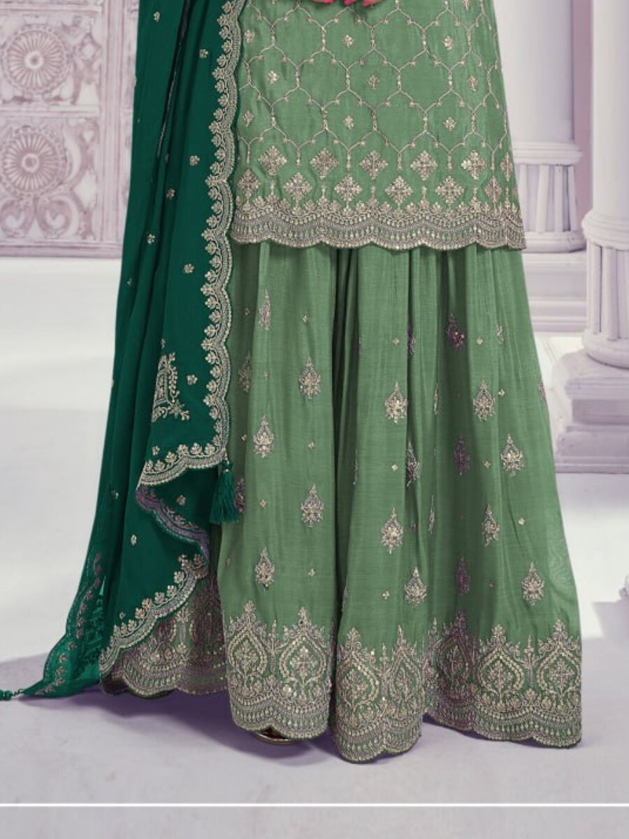 Green Heavy Chinon Embroidery Wedding Party Festival Casual Sharara Pant Salwar Kameez